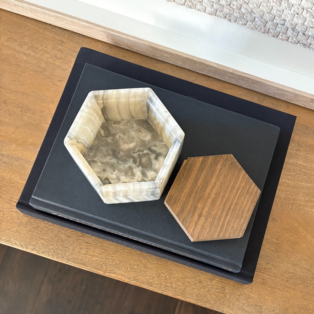 Grey Onyx Hexagonal Box with Wooden Lid