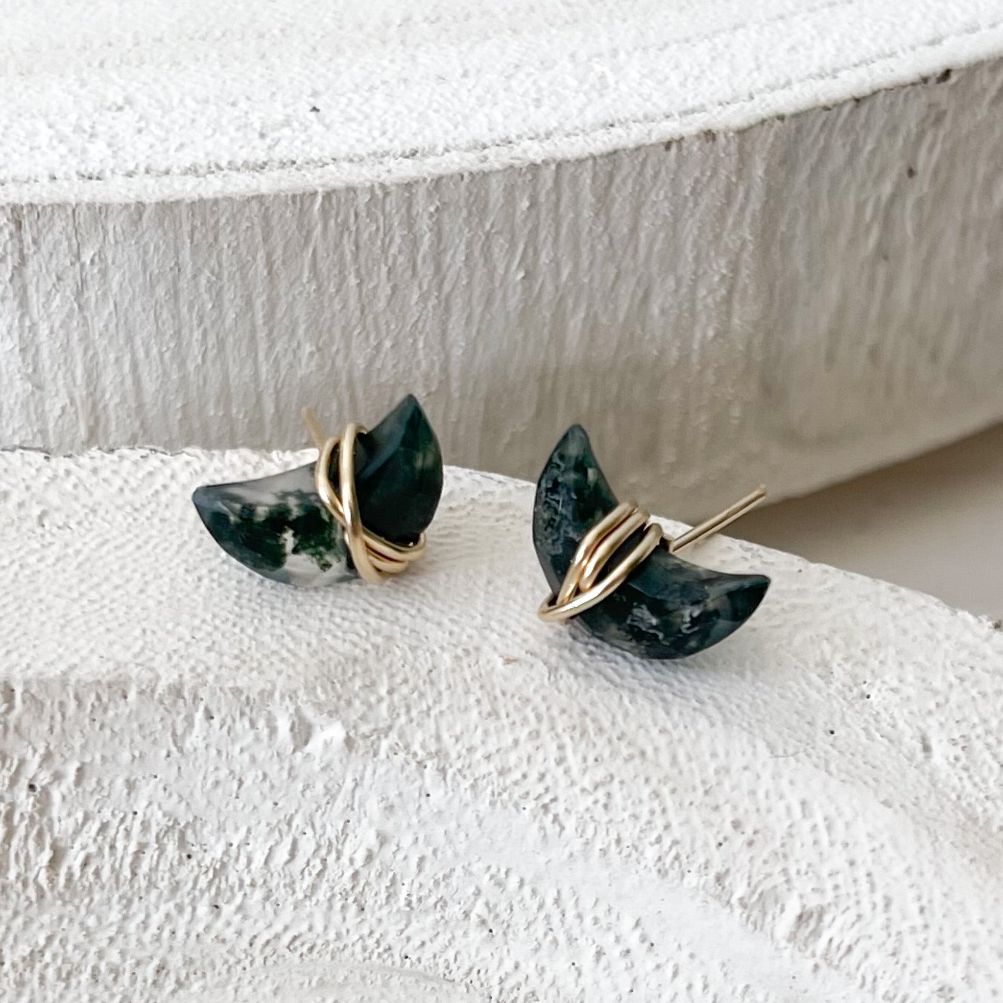 Gold Moonbeam Moss Agate Earrings