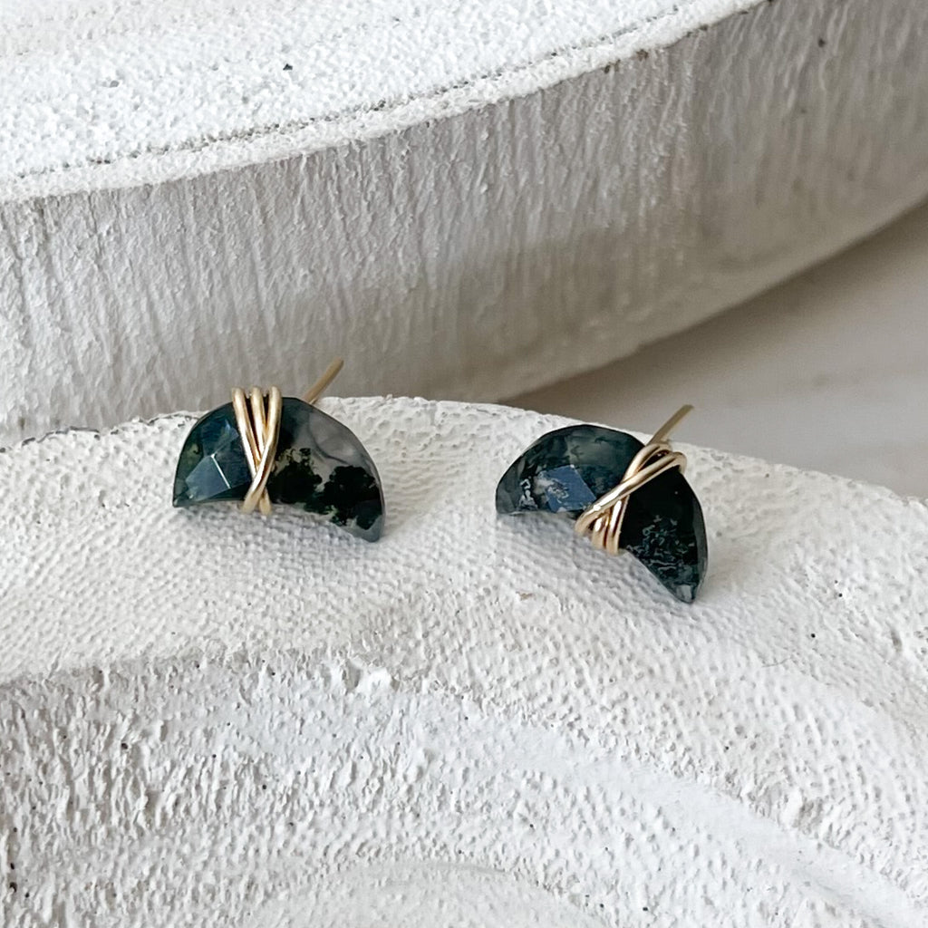 Gold Moonbeam Moss Agate Earrings