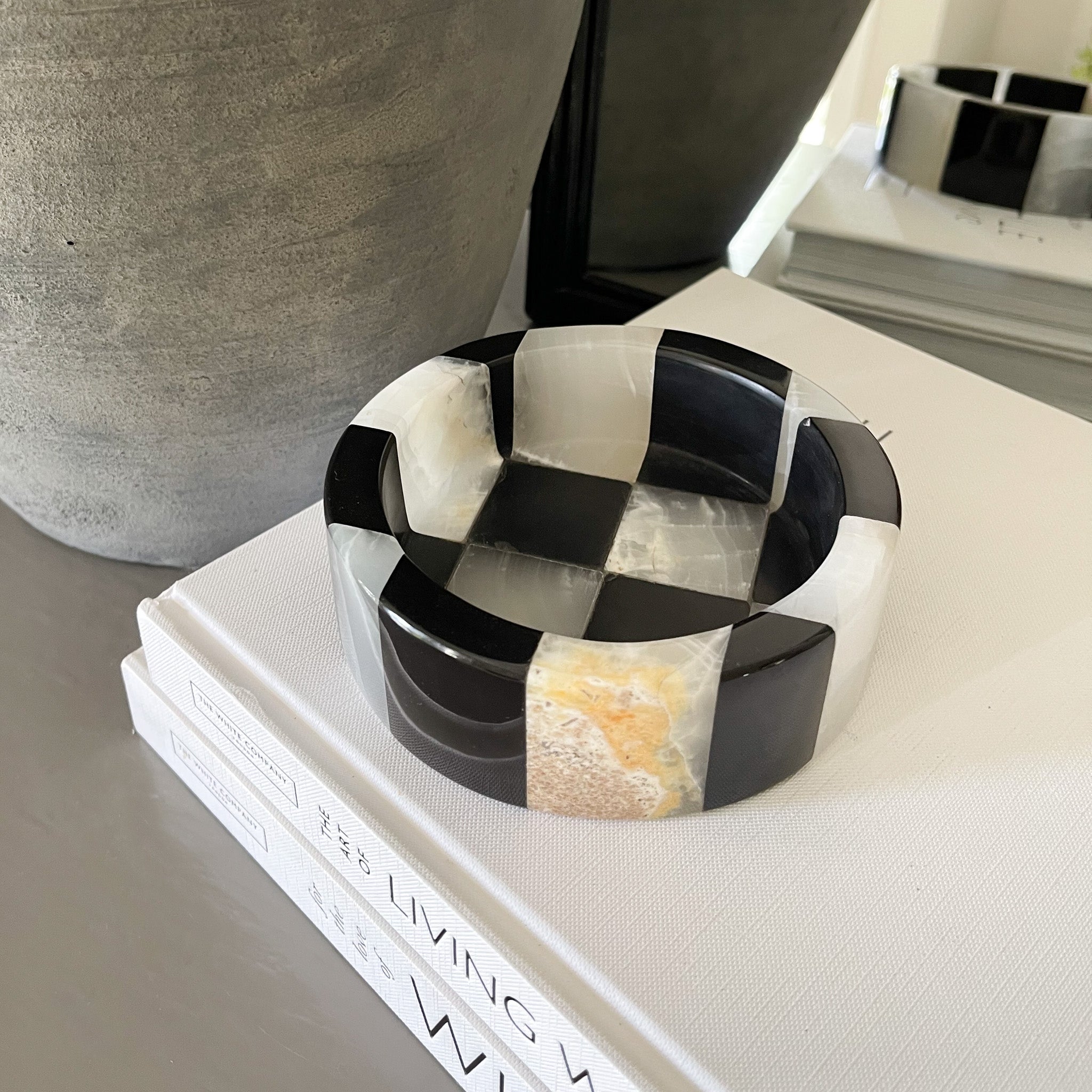 Black Marble and White Onyx Checker Dish