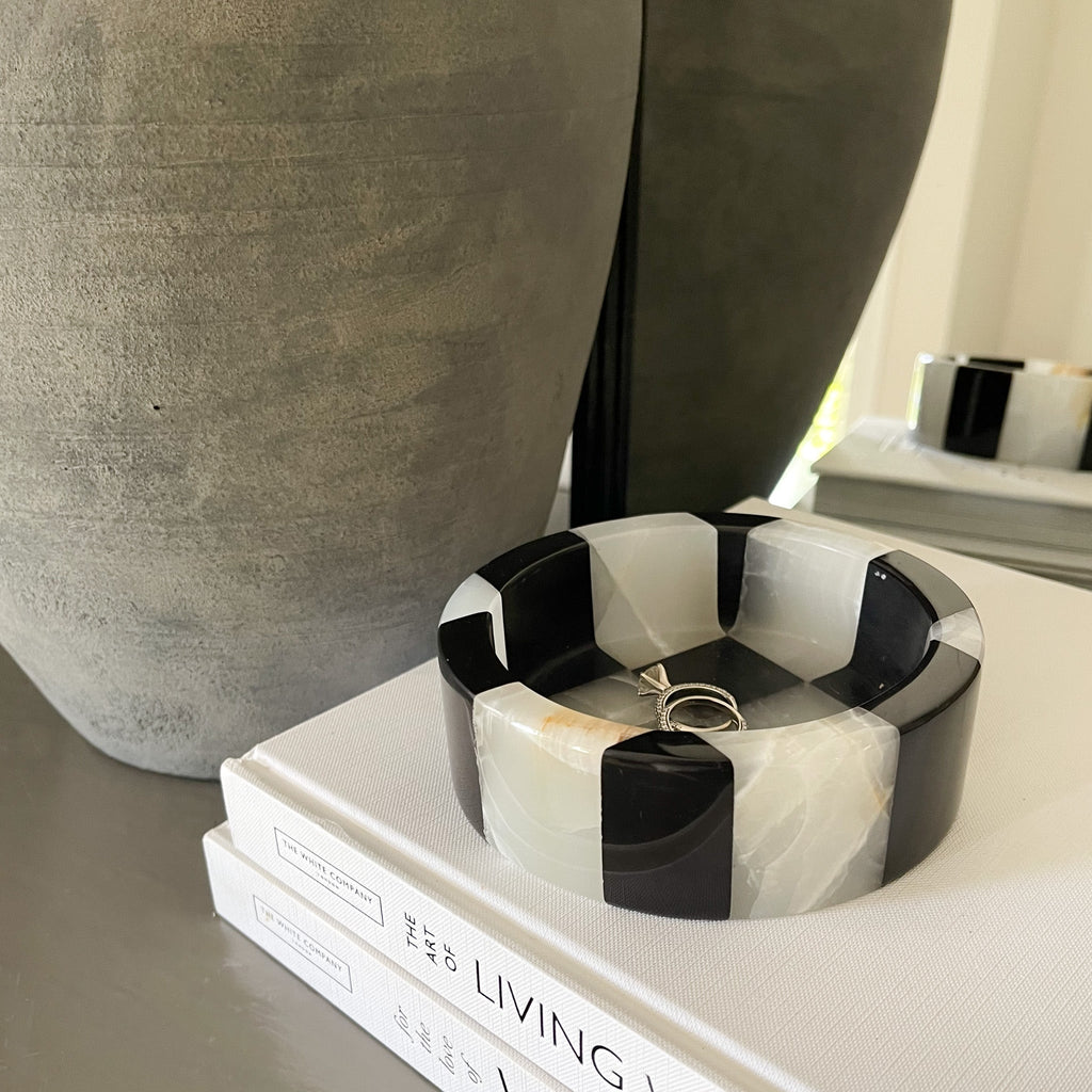 Black Marble and White Onyx Checker Dish