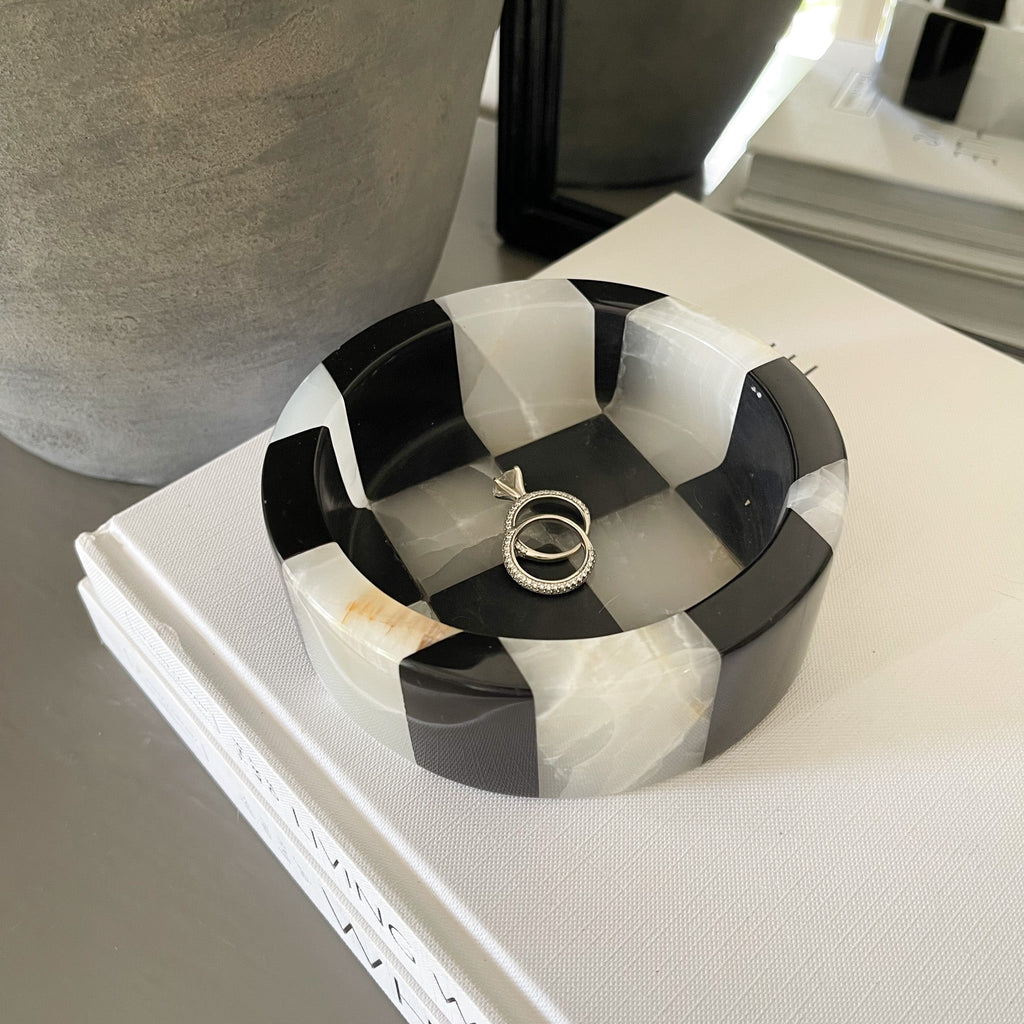 Black Marble and White Onyx Checker Dish