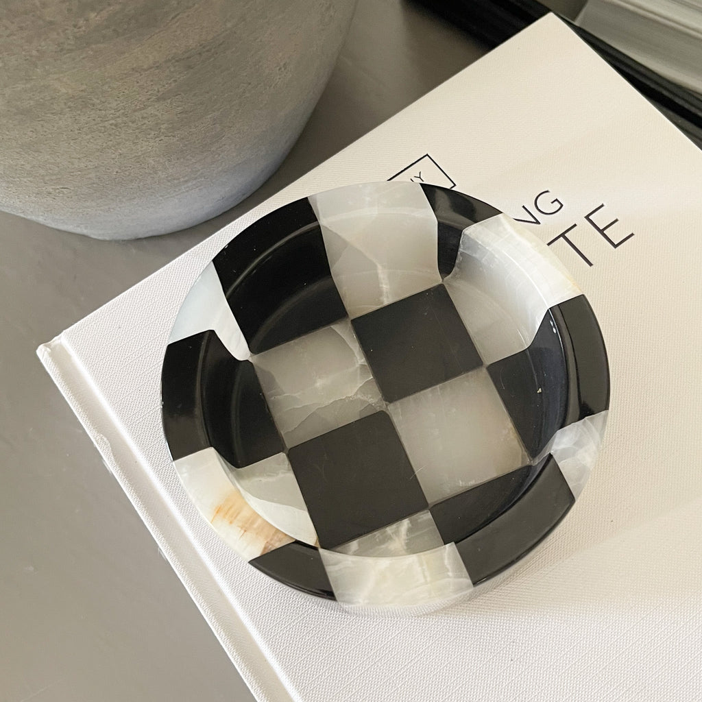 Black Marble and White Onyx Checker Dish
