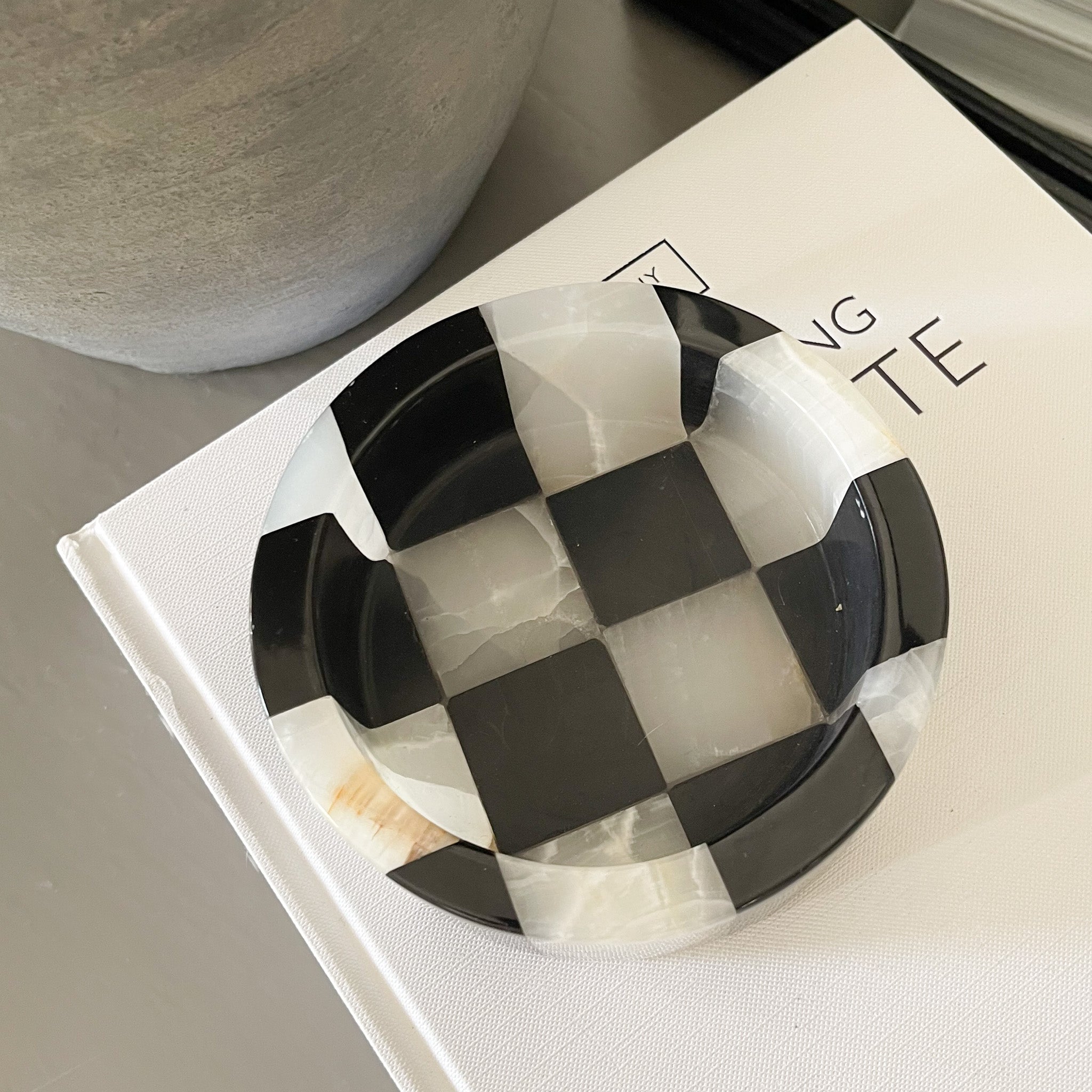 Black Marble and White Onyx Checker Dish