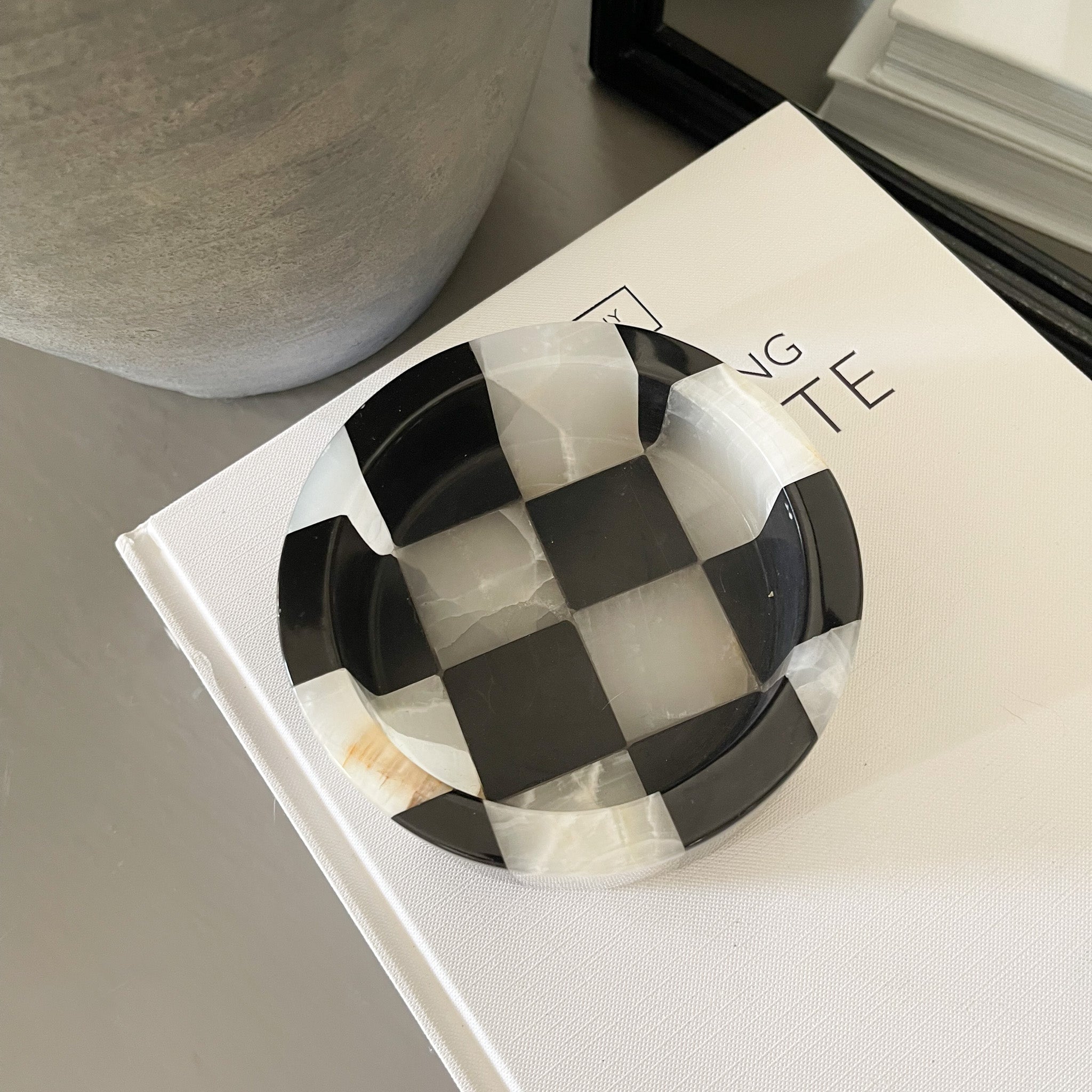 Black Marble and White Onyx Checker Dish