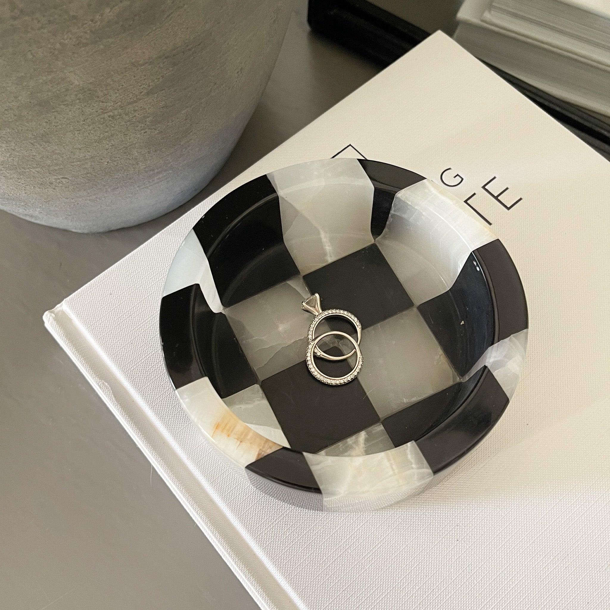 Black Marble and White Onyx Checker Dish